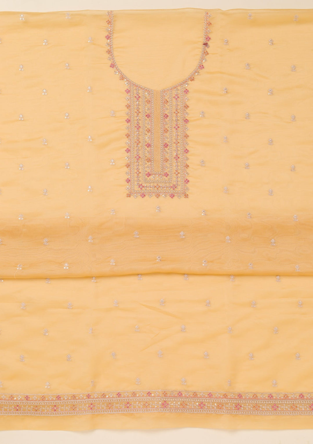 Yellow Zariwork Organza Unstitched Salwar Suit-Koskii