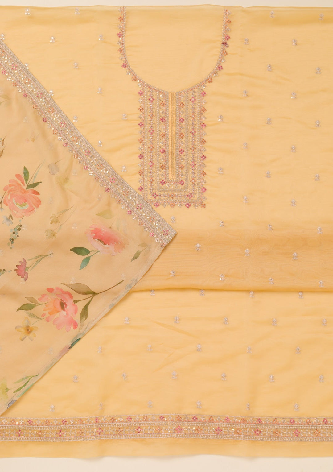 Yellow Zariwork Organza Unstitched Salwar Suit-Koskii