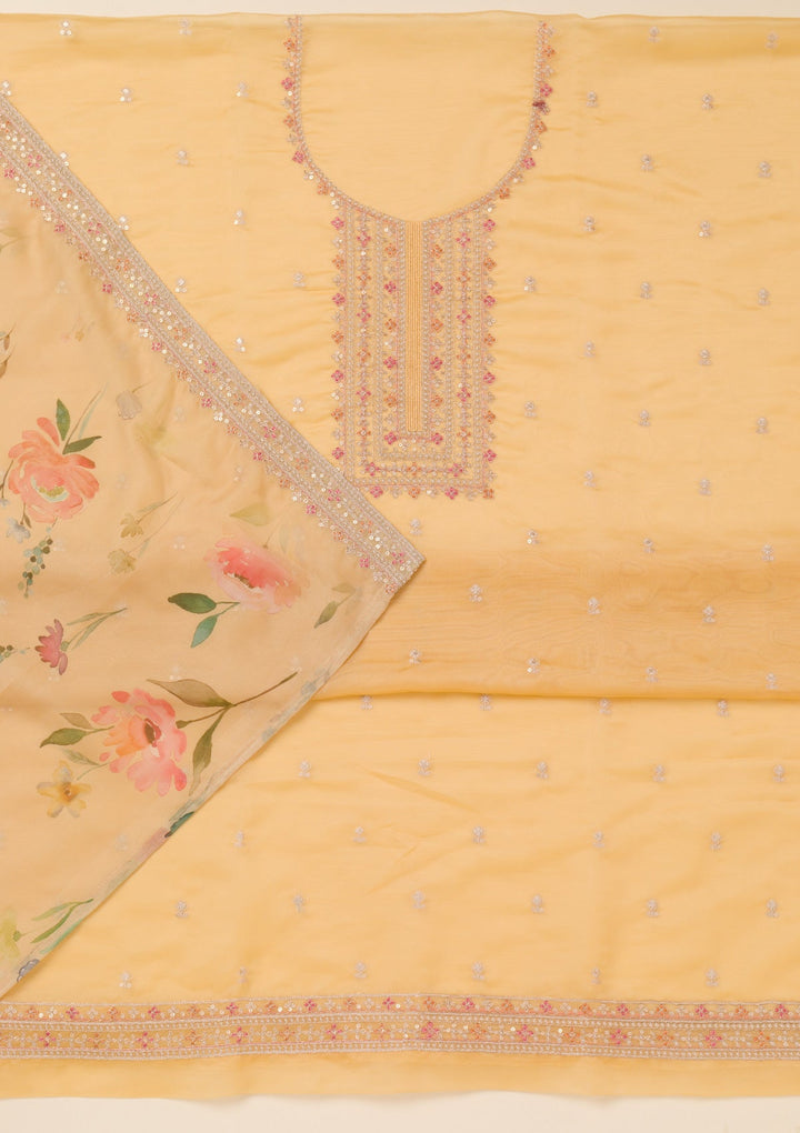 Yellow Zariwork Organza Unstitched Salwar Suit-Koskii