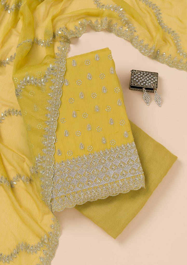 Yellow Zariwork Organza Unstitched Salwar Suit-Koskii