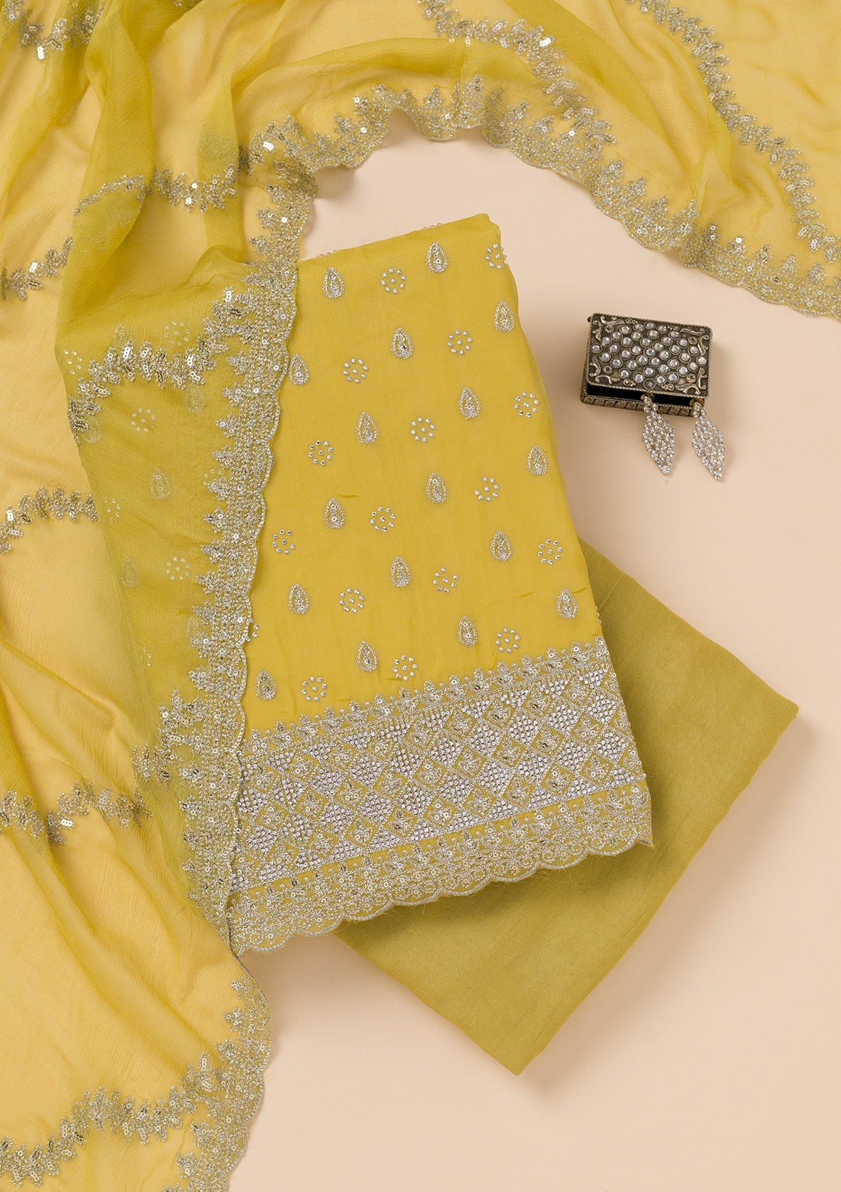 Yellow Zariwork Organza Unstitched Salwar Suit-Koskii