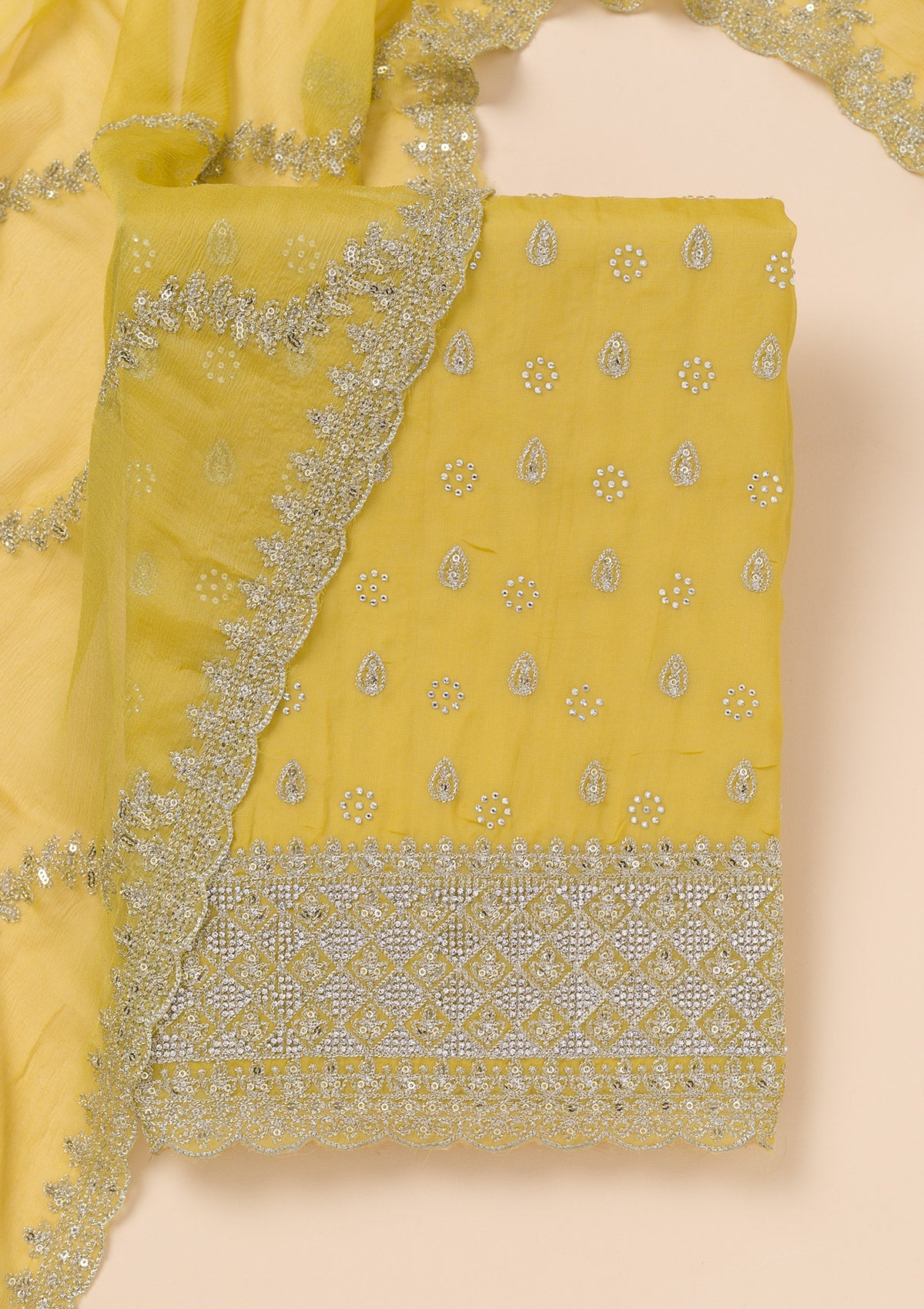 Yellow Zariwork Organza Unstitched Salwar Suit-Koskii