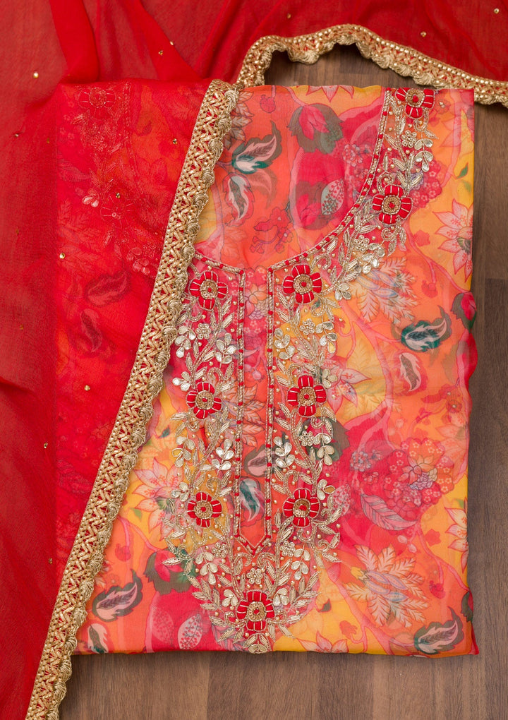 Yellow Zariwork Organza Unstitched Salwar Suit-Koskii