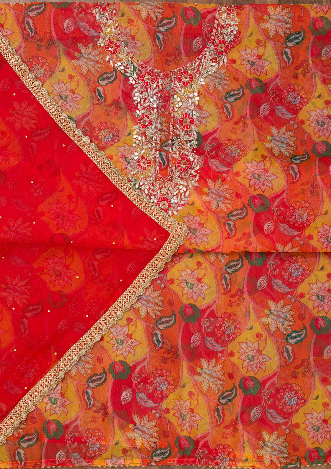 Yellow Zariwork Organza Unstitched Salwar Suit-Koskii