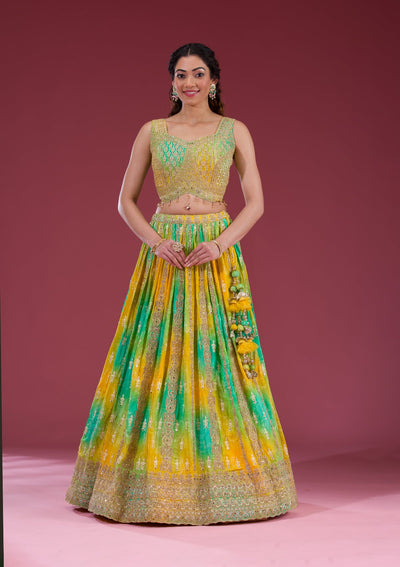 Yellow Zariwork Semi Crepe Readymade Lehenga-Koskii