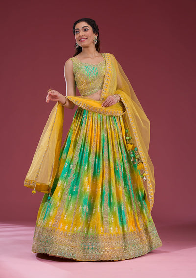 Yellow Zariwork Semi Crepe Readymade Lehenga-Koskii