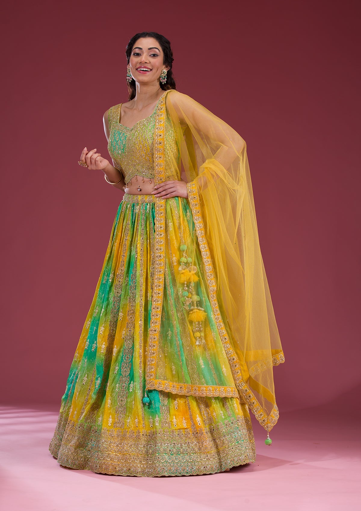 Yellow Zariwork Semi Crepe Readymade Lehenga-Koskii