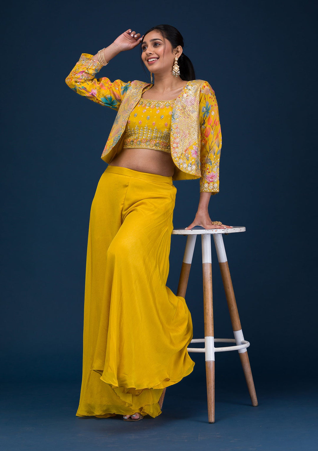 Yellow Zariwork Semi Crepe Readymade Salwar Suit-Koskii