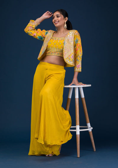 Yellow Zariwork Semi Crepe Readymade Salwar Suit-Koskii