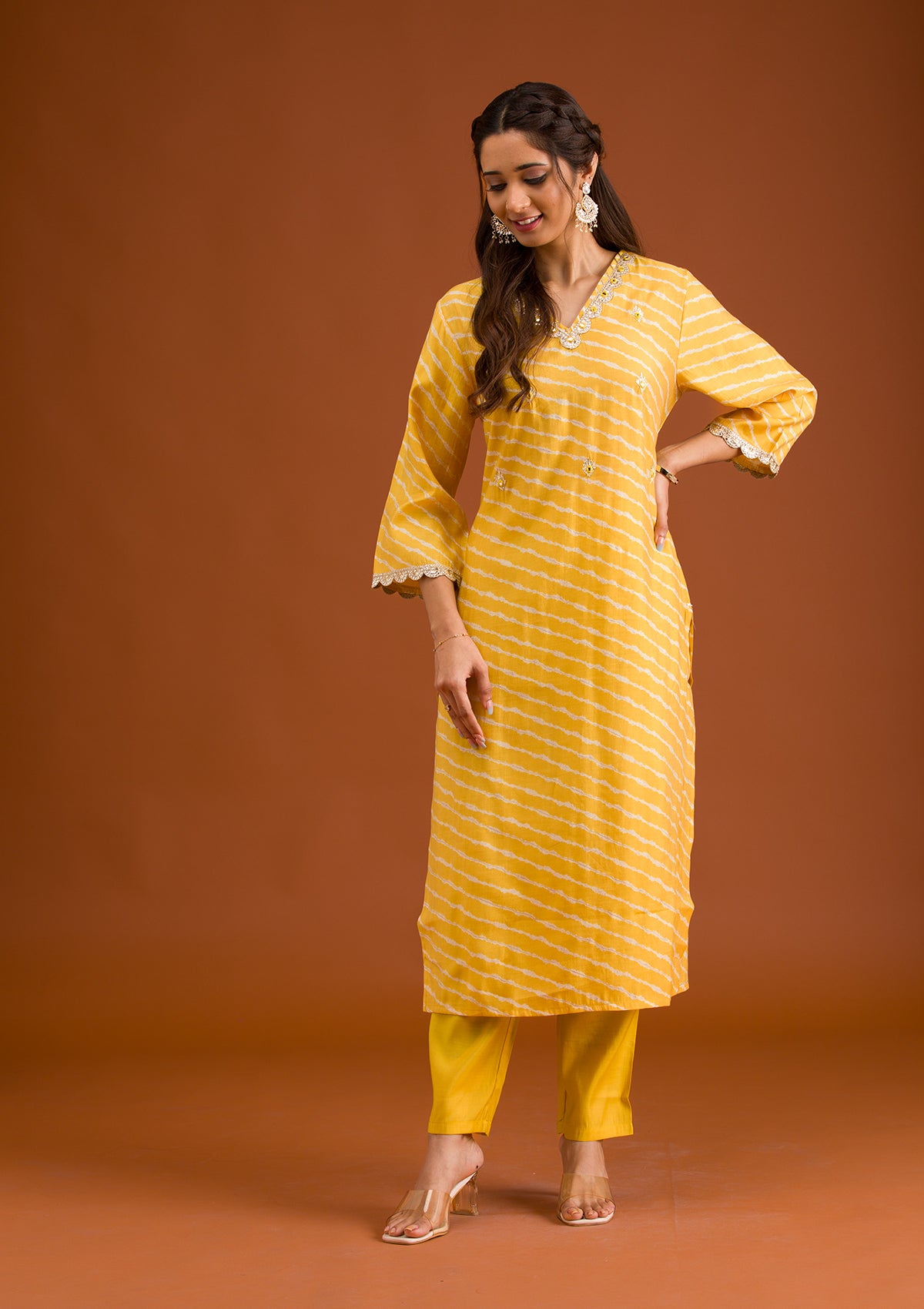 Yellow Zariwork Semi Crepe Readymade Salwar Suit