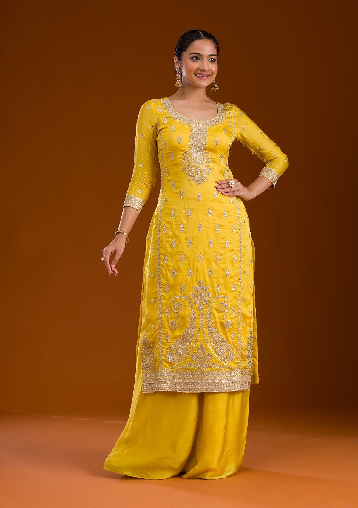 Yellow Zariwork Semi Crepe Readymade Salwar Suit-Koskii