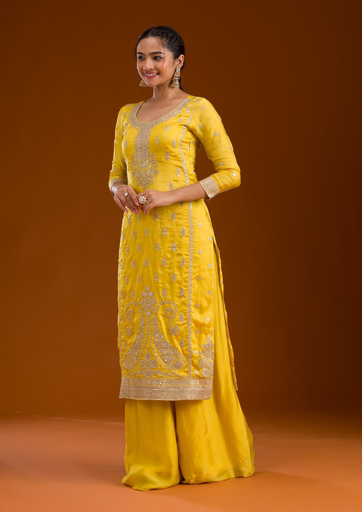 Yellow Zariwork Semi Crepe Readymade Salwar Suit-Koskii