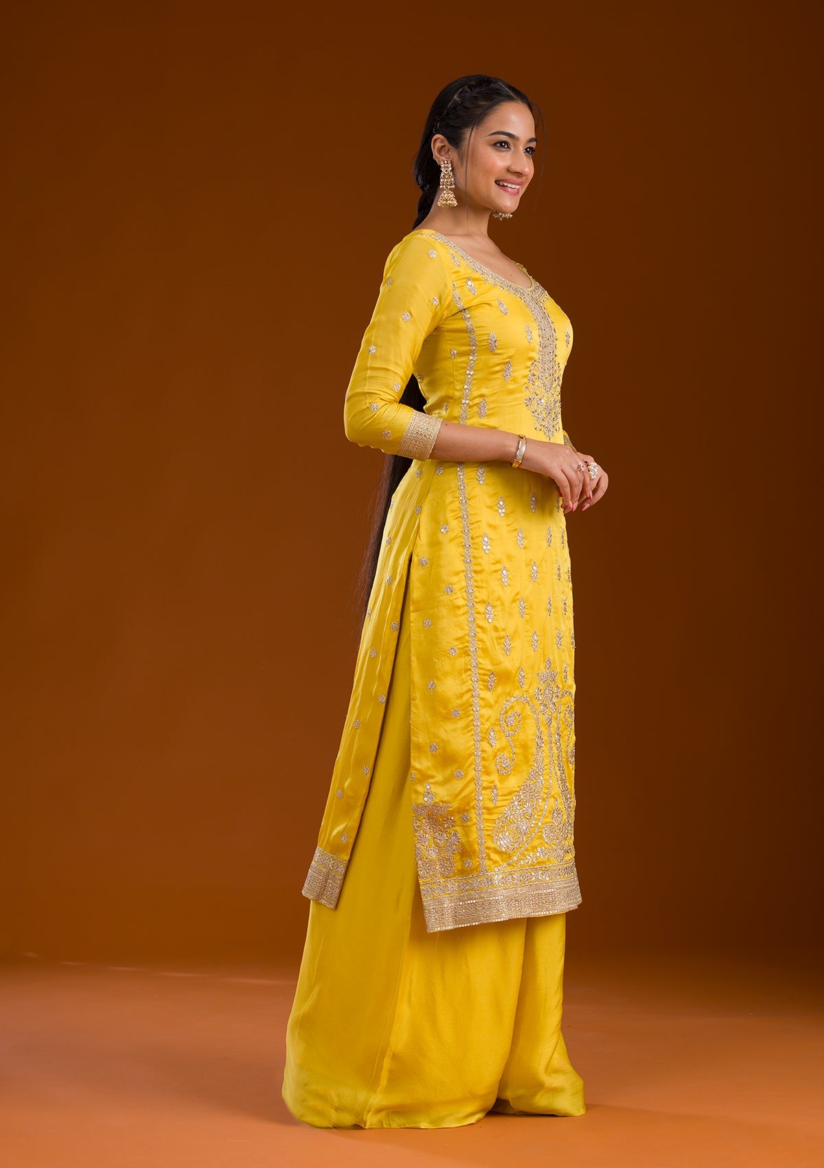 Yellow Zariwork Semi Crepe Readymade Salwar Suit-Koskii