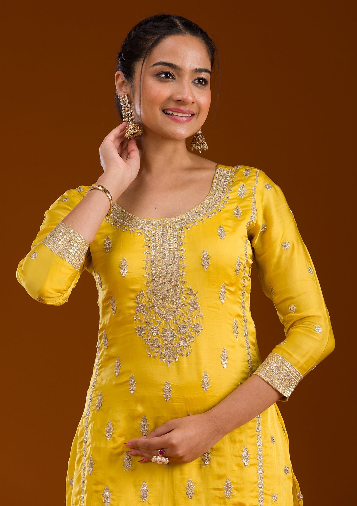 Yellow Zariwork Semi Crepe Readymade Salwar Suit-Koskii