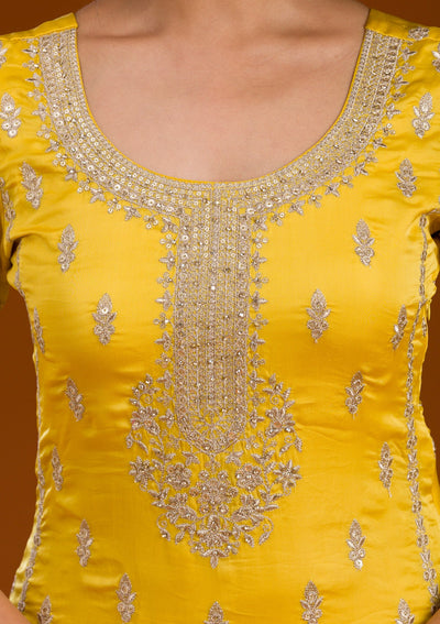 Yellow Zariwork Semi Crepe Readymade Salwar Suit-Koskii