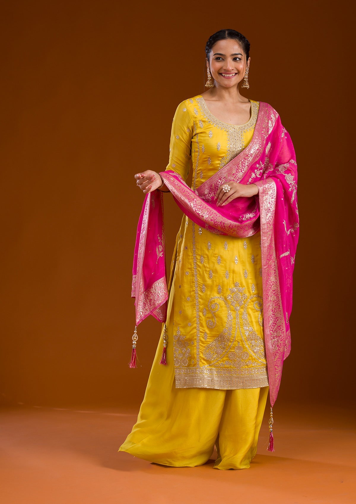 Yellow Zariwork Semi Crepe Readymade Salwar Suit-Koskii