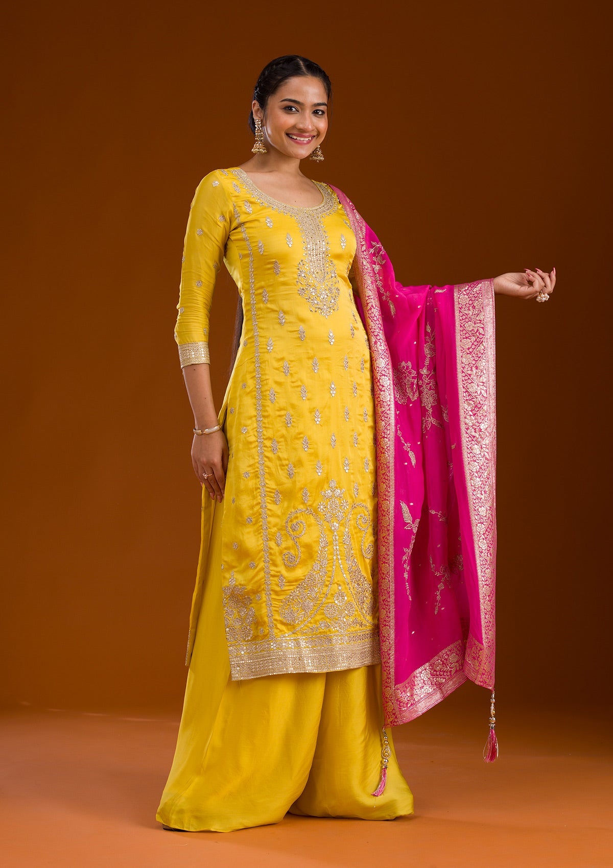 Yellow Zariwork Semi Crepe Readymade Salwar Suit-Koskii