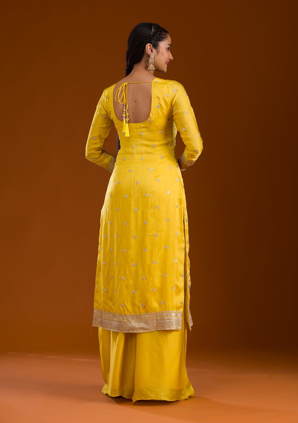 Yellow Zariwork Semi Crepe Readymade Salwar Suit-Koskii