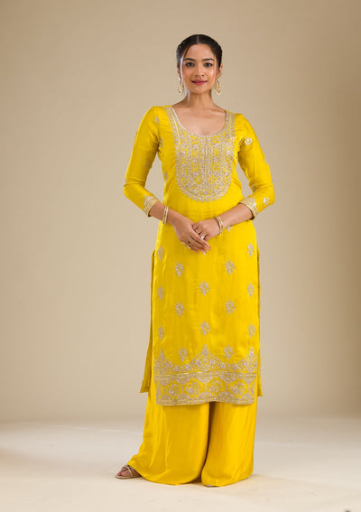 Yellow Zariwork Semi Crepe Readymade Salwar Suit-Koskii