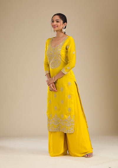 Yellow Zariwork Semi Crepe Readymade Salwar Suit-Koskii