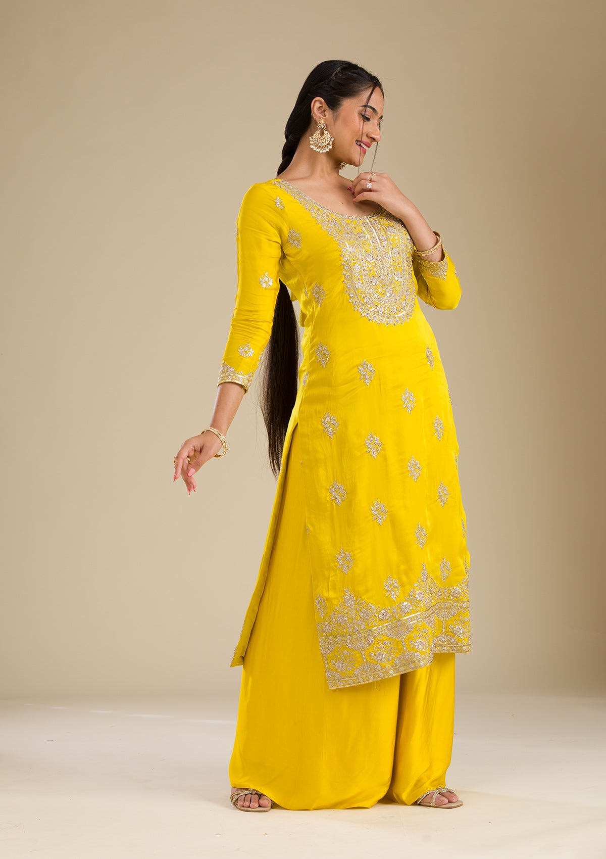 Yellow Zariwork Semi Crepe Readymade Salwar Suit-Koskii