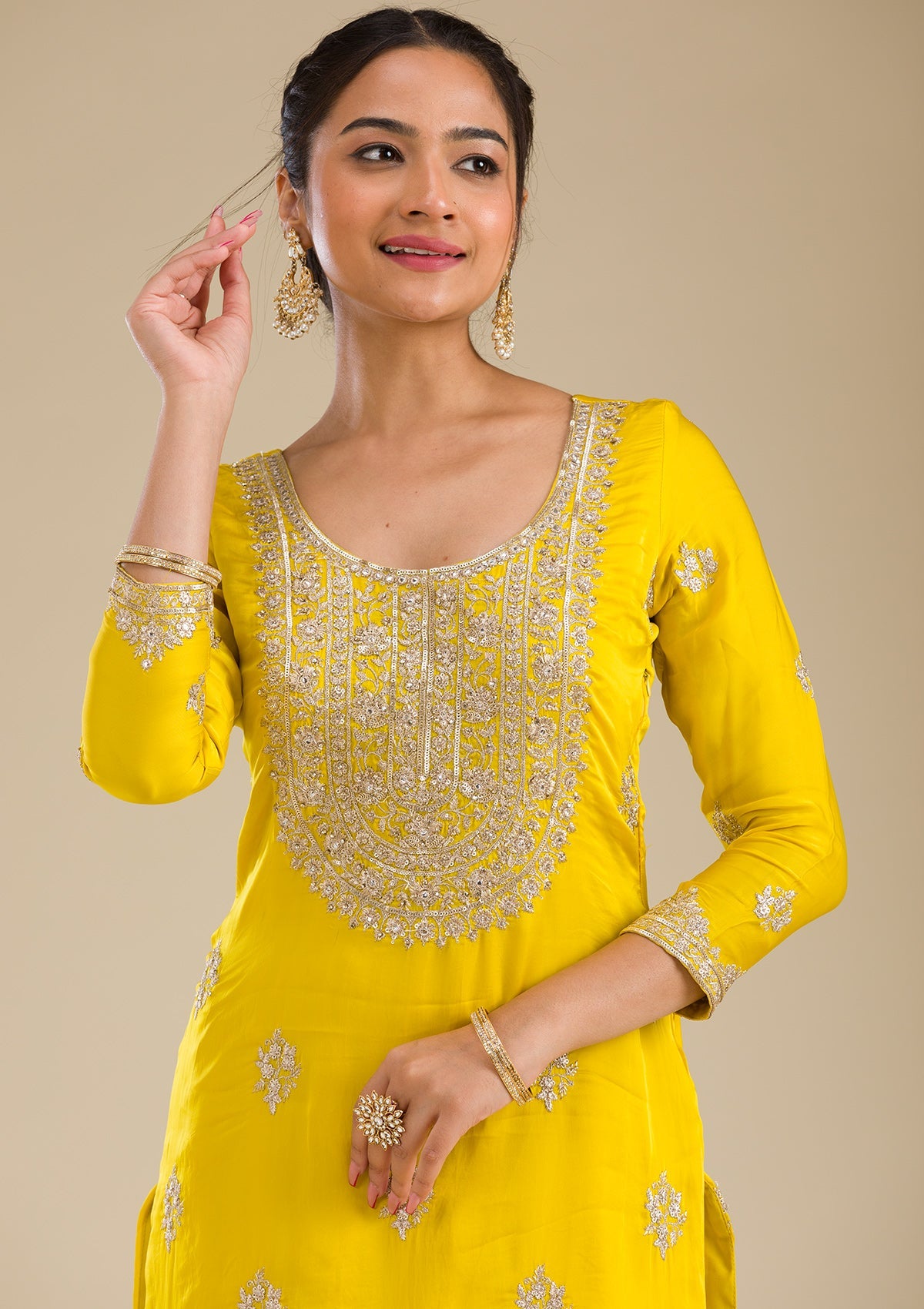 Yellow Zariwork Semi Crepe Readymade Salwar Suit-Koskii