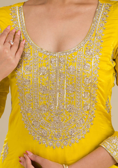 Yellow Zariwork Semi Crepe Readymade Salwar Suit-Koskii