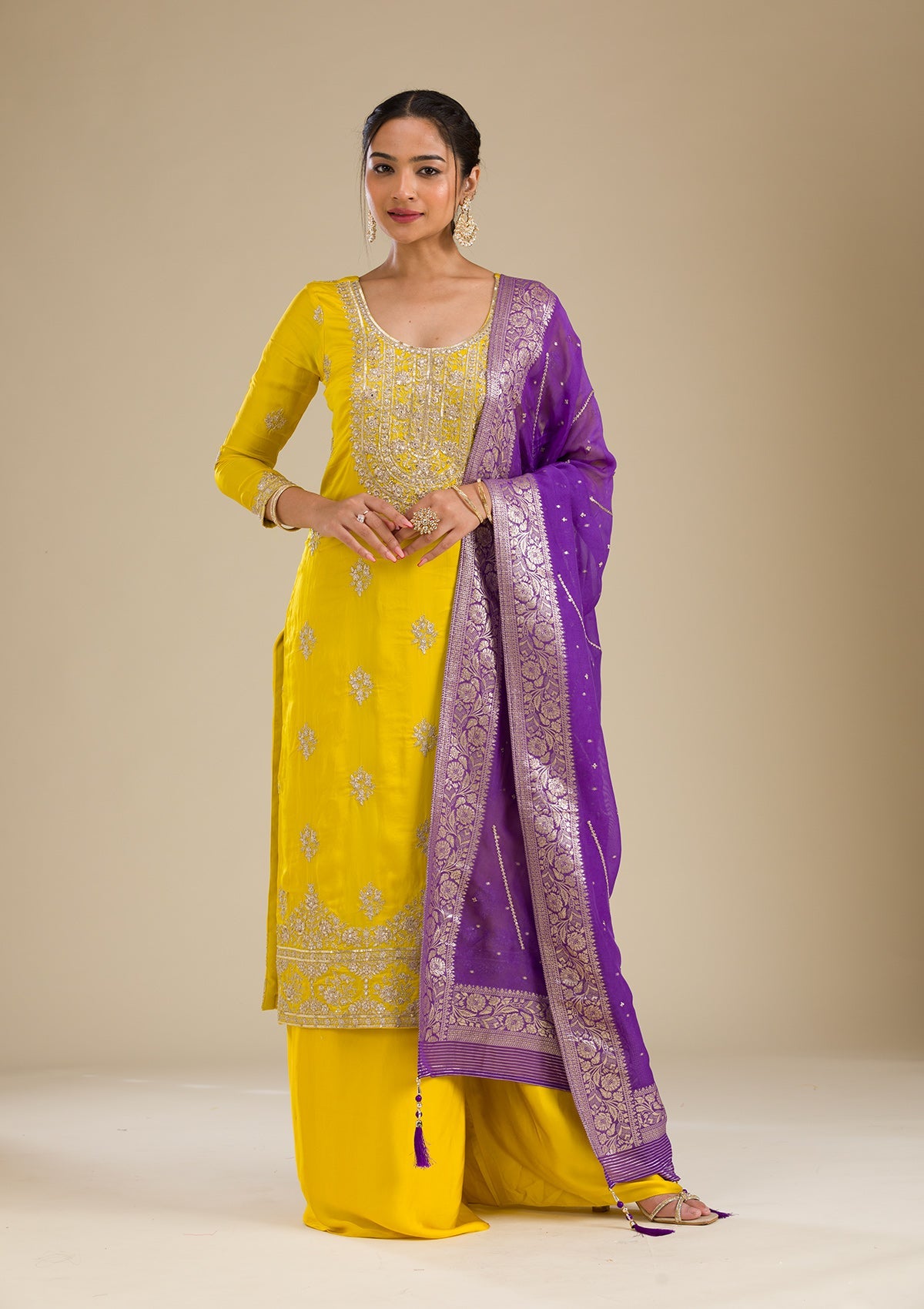 Yellow Zariwork Semi Crepe Readymade Salwar Suit-Koskii