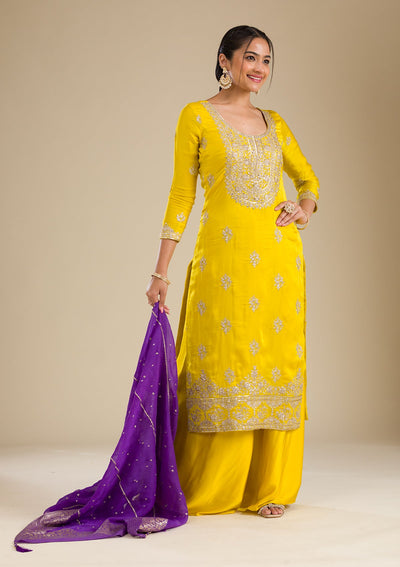 Yellow Zariwork Semi Crepe Readymade Salwar Suit-Koskii