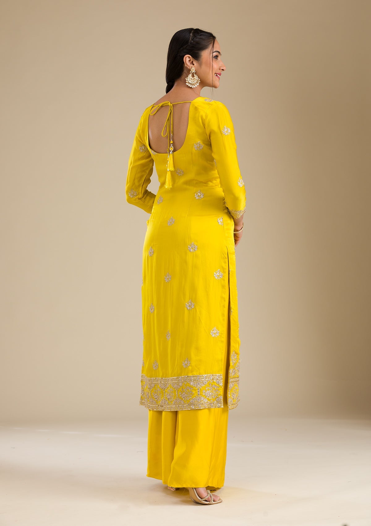 Yellow Zariwork Semi Crepe Readymade Salwar Suit-Koskii