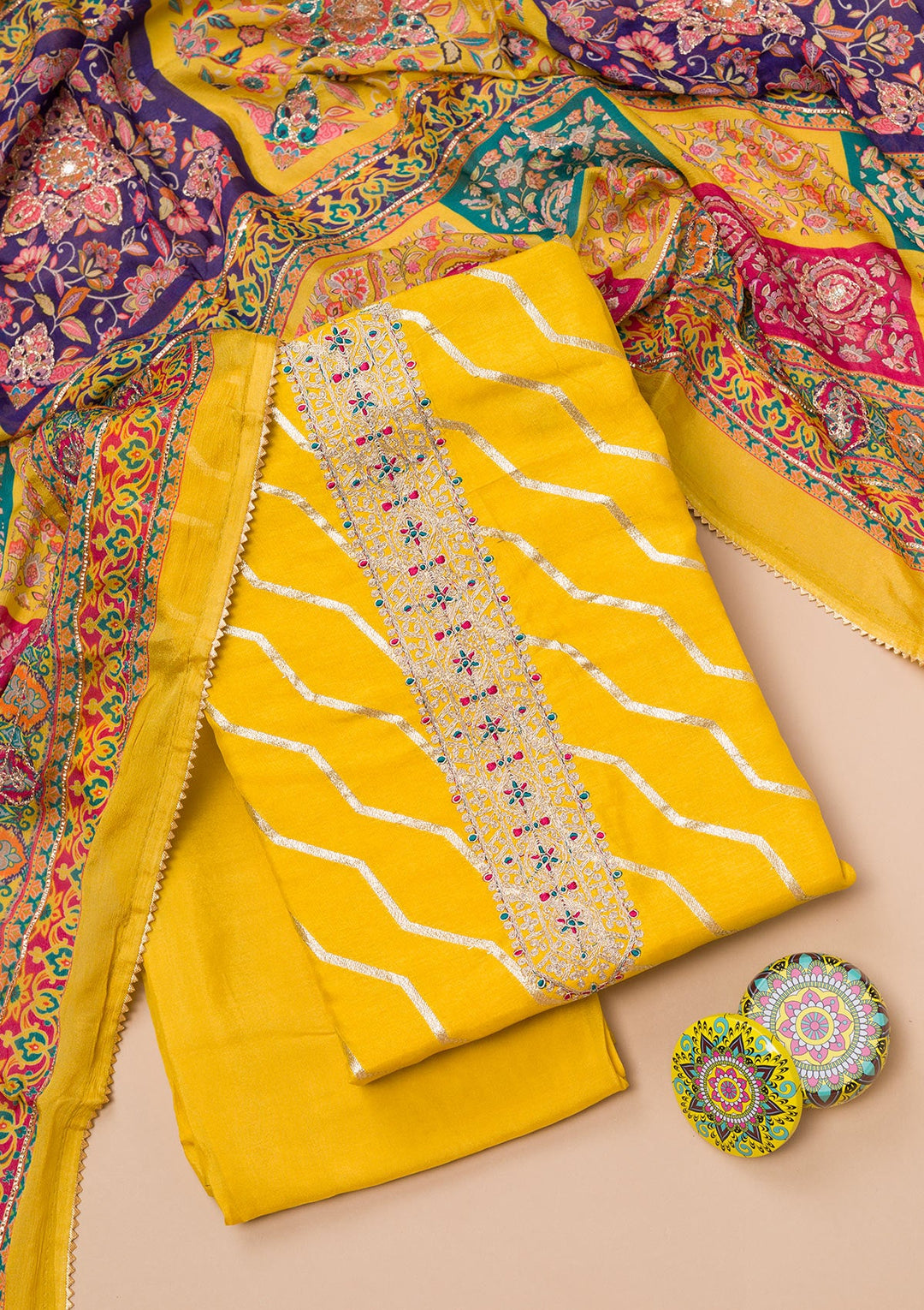 Yellow Zariwork Semi Crepe Unstitched Salwar Suit-Koskii