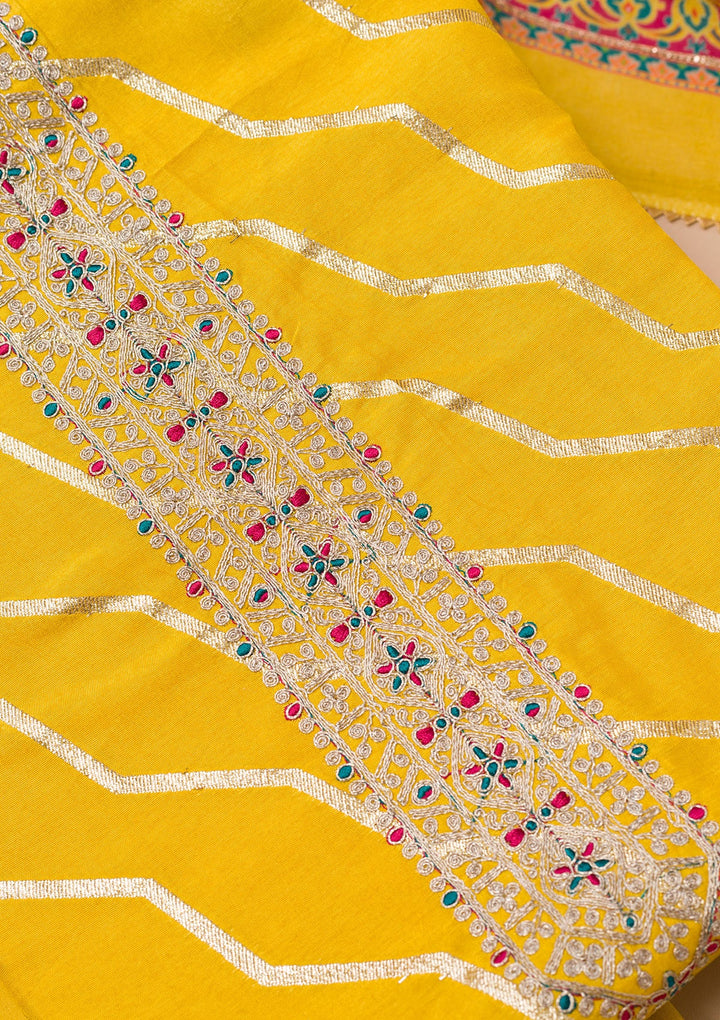 Yellow Zariwork Semi Crepe Unstitched Salwar Suit-Koskii