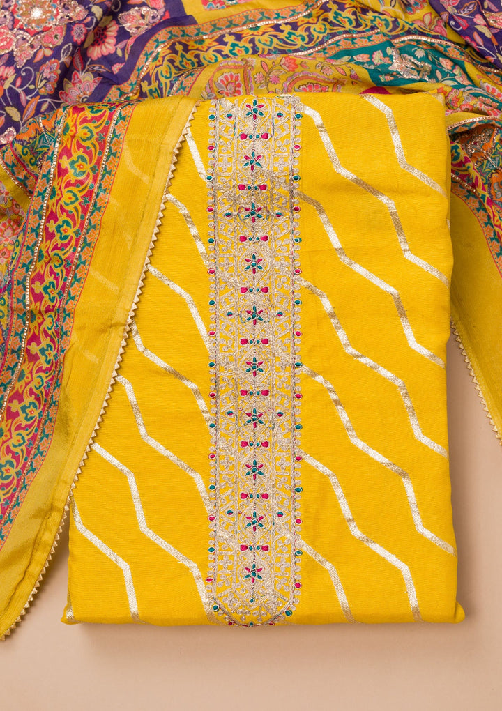 Yellow Zariwork Semi Crepe Unstitched Salwar Suit-Koskii