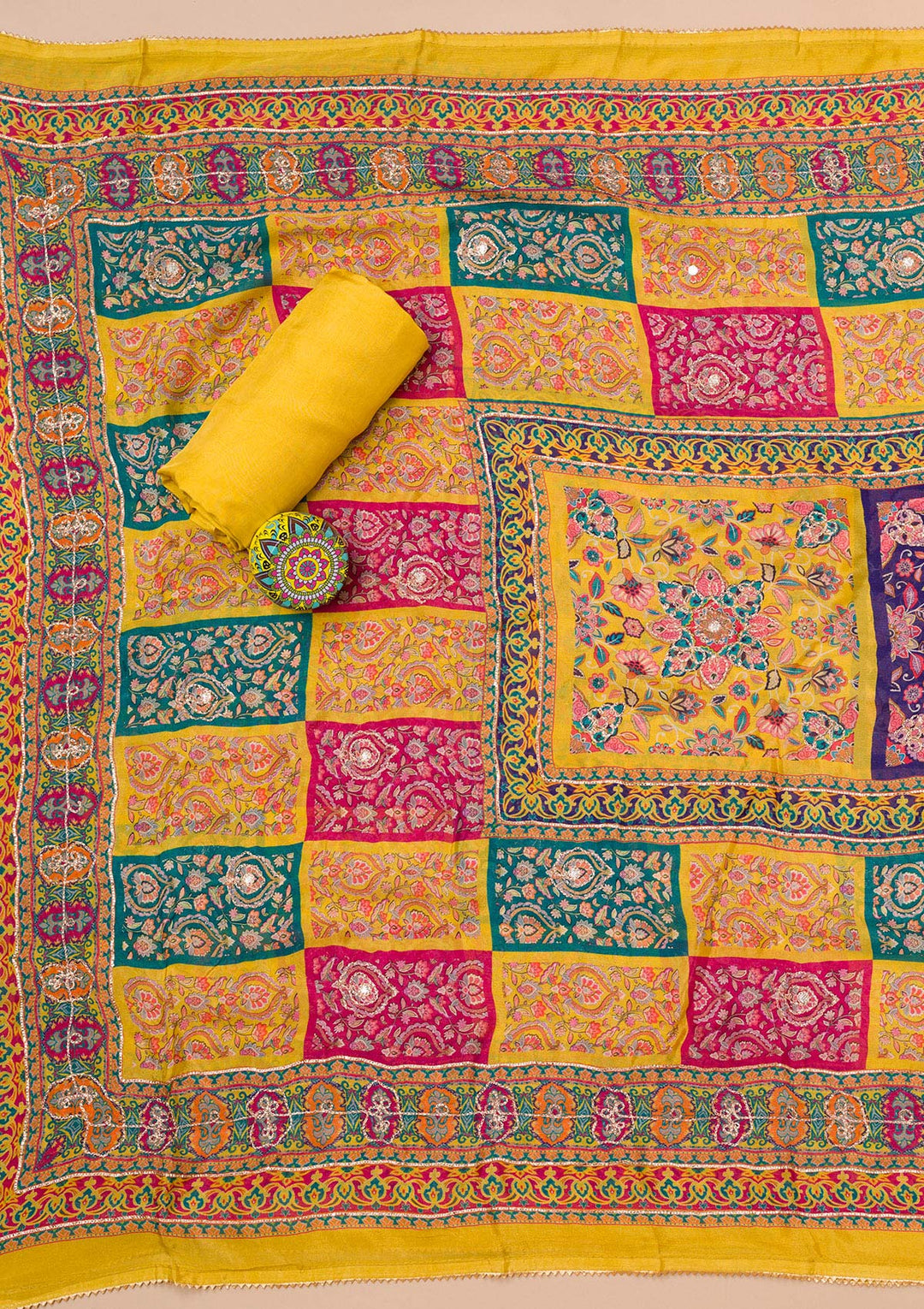 Yellow Zariwork Semi Crepe Unstitched Salwar Suit-Koskii