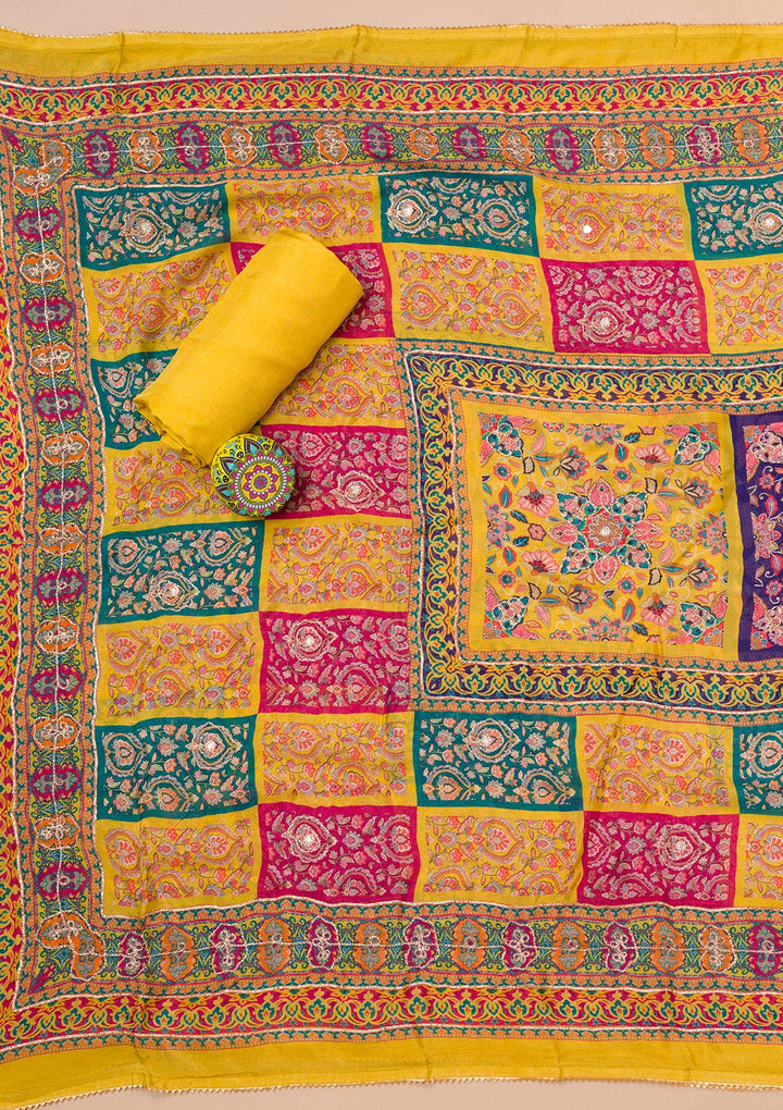 Yellow Zariwork Semi Crepe Unstitched Salwar Suit-Koskii