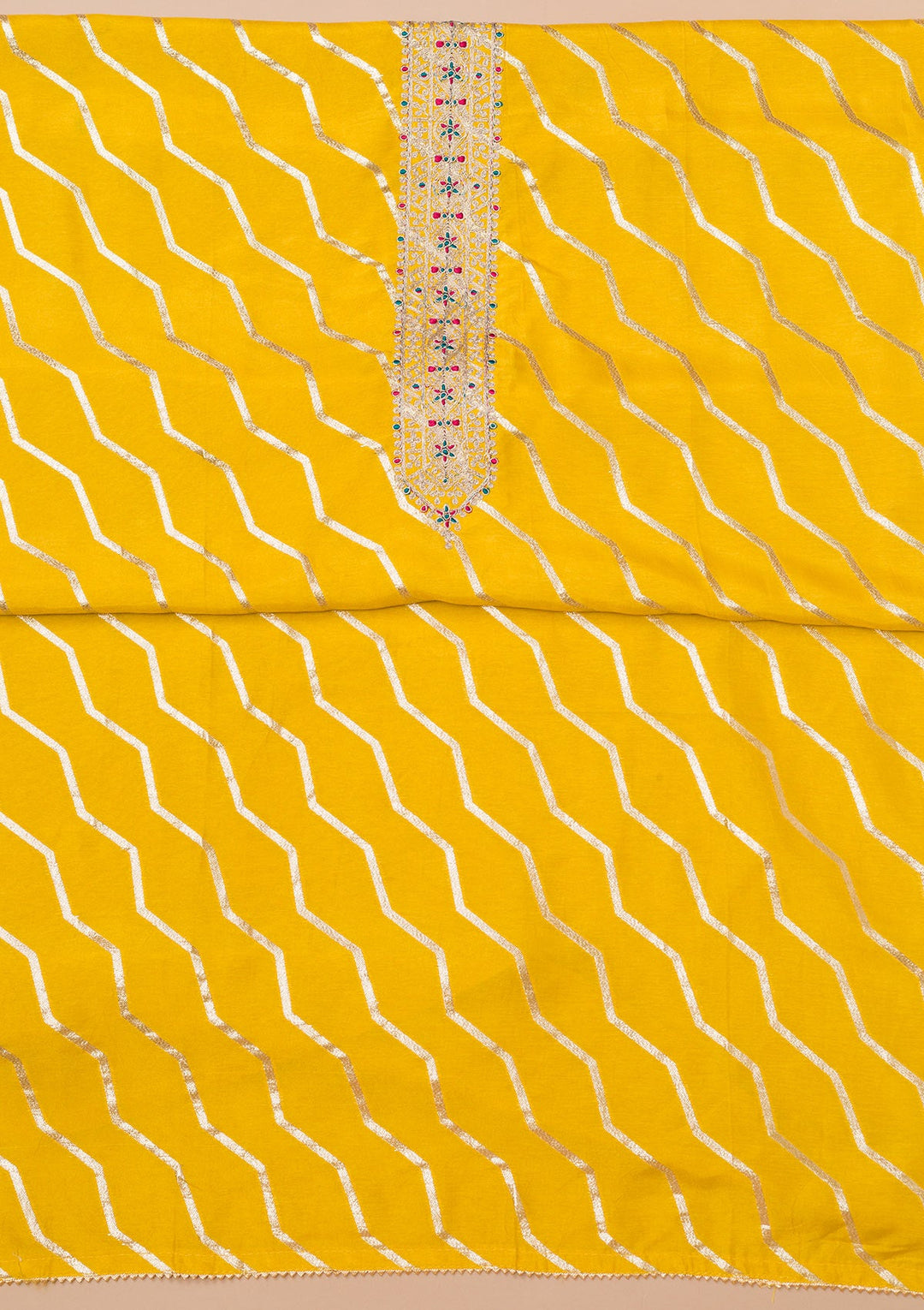 Yellow Zariwork Semi Crepe Unstitched Salwar Suit-Koskii