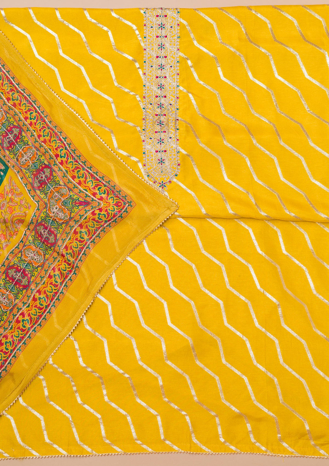 Yellow Zariwork Semi Crepe Unstitched Salwar Suit-Koskii