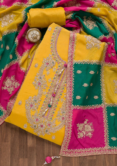 Yellow Zariwork Semi Crepe Unstitched Salwar Suit-Koskii