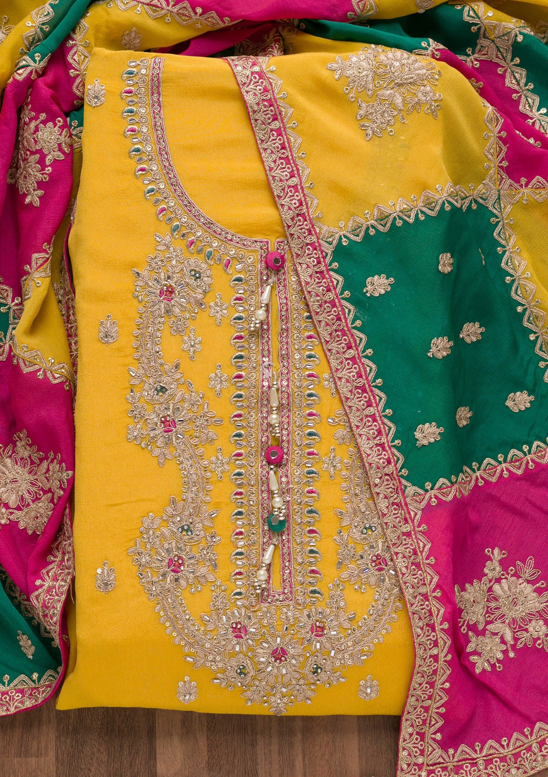 Yellow Zariwork Semi Crepe Unstitched Salwar Suit-Koskii