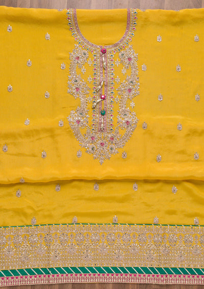 Yellow Zariwork Semi Crepe Unstitched Salwar Suit-Koskii