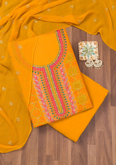 Yellow Zariwork Semi Crepe Unstitched Salwar Suit-Koskii