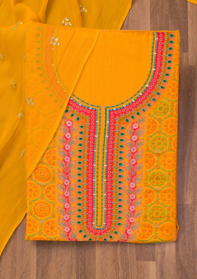 Yellow Zariwork Semi Crepe Unstitched Salwar Suit-Koskii