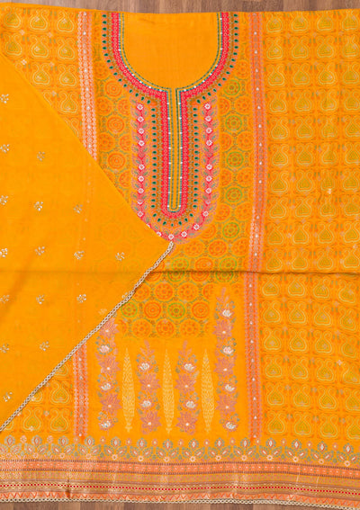 Yellow Zariwork Semi Crepe Unstitched Salwar Suit-Koskii