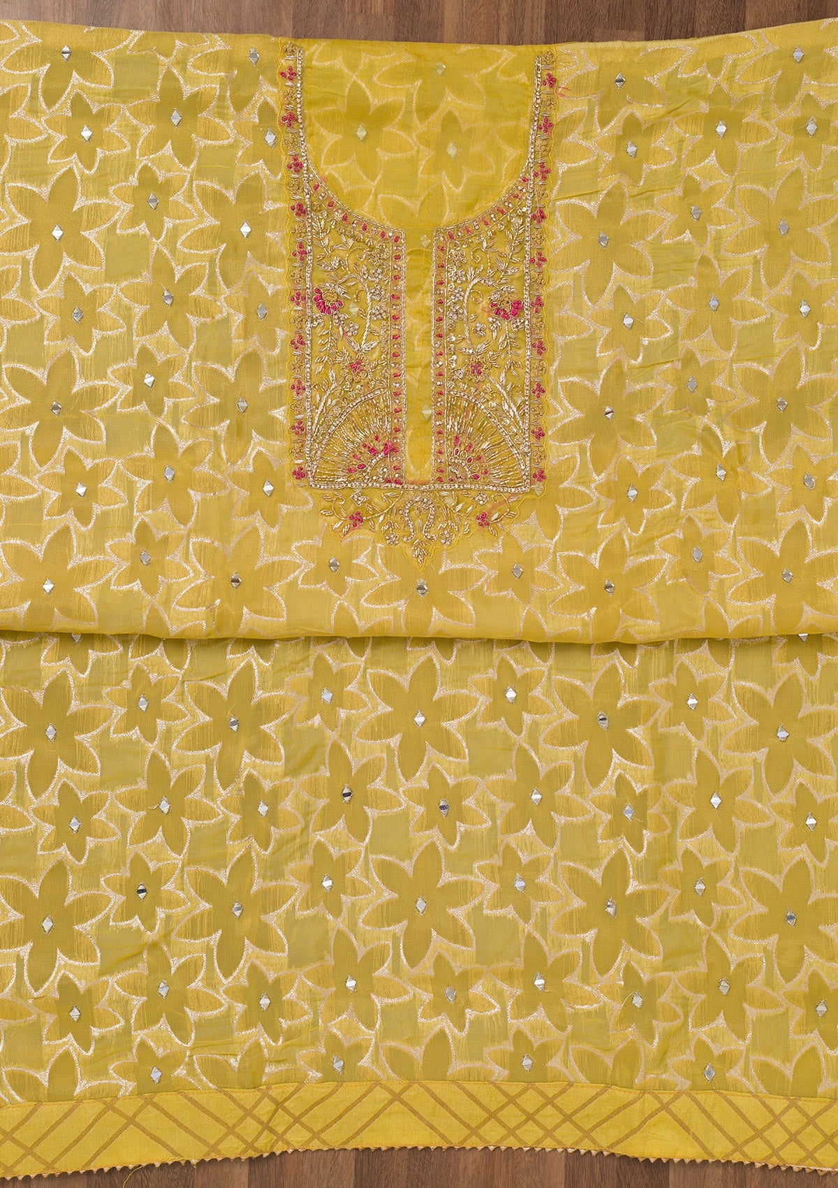 Yellow Zariwork Semi Crepe Unstitched Salwar Suit-Koskii