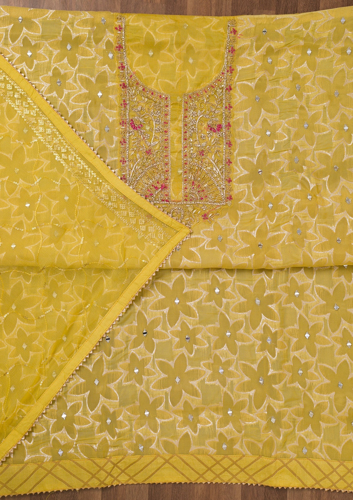 Yellow Zariwork Semi Crepe Unstitched Salwar Suit-Koskii