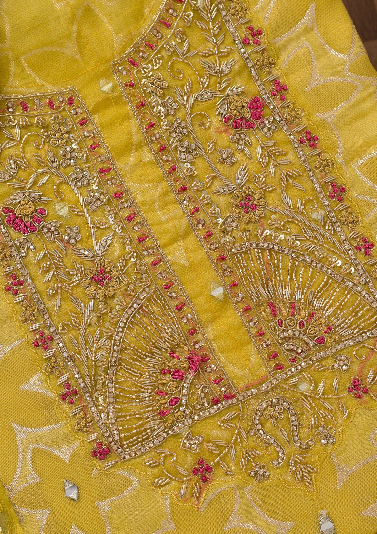 Yellow Zariwork Semi Crepe Unstitched Salwar Suit-Koskii