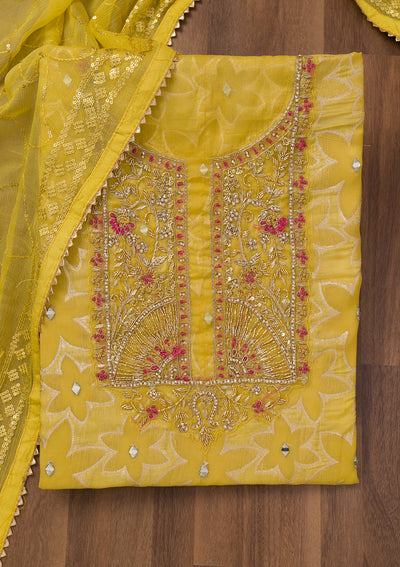 Yellow Zariwork Semi Crepe Unstitched Salwar Suit-Koskii