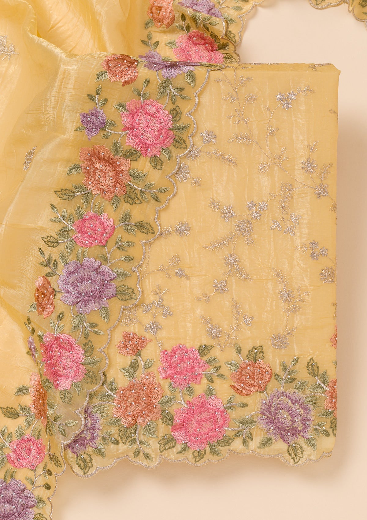 Yellow Zariwork Semi Crepe Unstitched Salwar Suit-Koskii