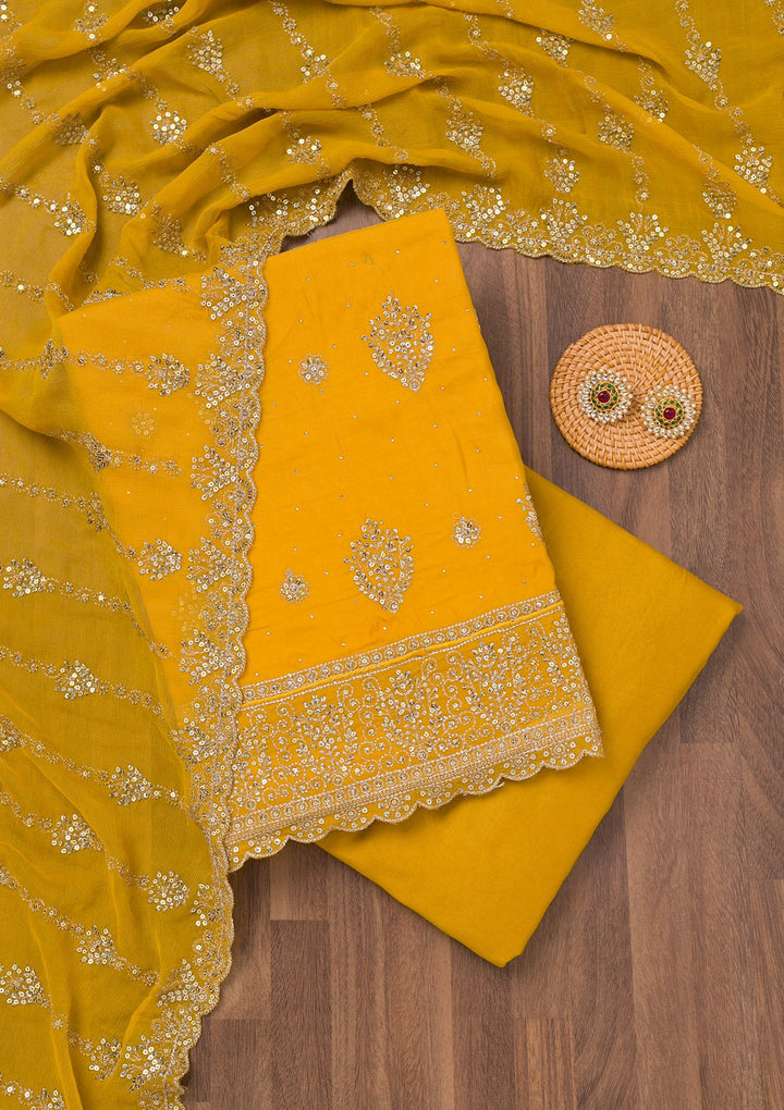 Yellow Zariwork Semi Crepe Unstitched Salwar Suit-Koskii