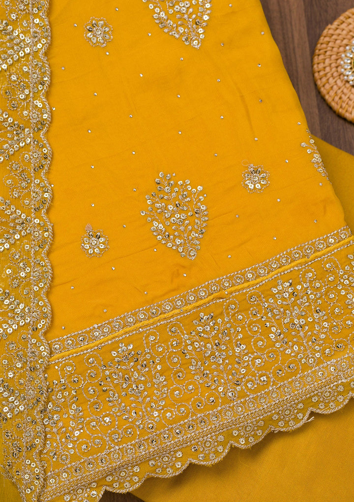 Yellow Zariwork Semi Crepe Unstitched Salwar Suit-Koskii
